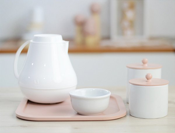 Kit Higiene Cuidados Bebê Maternidade Quarto Meninas Infantil Rosê Potes Porcelana + Garrafa Térmica