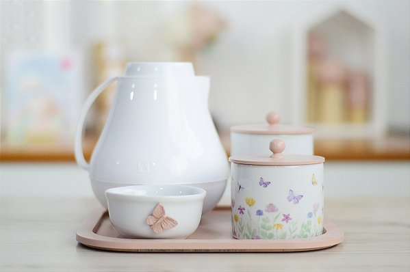 Kit Higiene Porcelana Bancada Maternidade Bebê K195 Borboleta Jardim Rosê Quarto Meninas Pote Algodão Cotonete