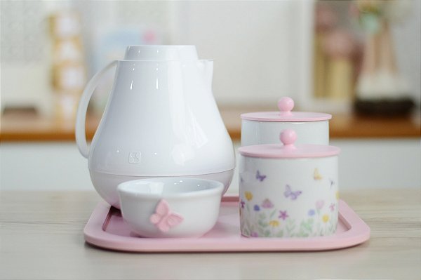 Kit Higiene Porcelana Bebê Maternidade Quarto Infantil Tema Borboleta Jardim K195 Rosa Potes Algodão Cotonete Garrafa Térmica