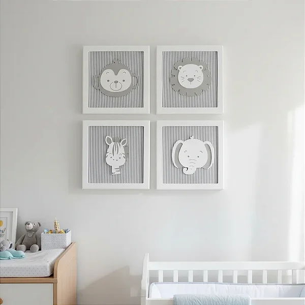 Kit 04 Quadros Tema Safari Quarto Infantil Bebê Decoração Parede D197 Maternidade Cinza Leão Girafa Elefante Macaco