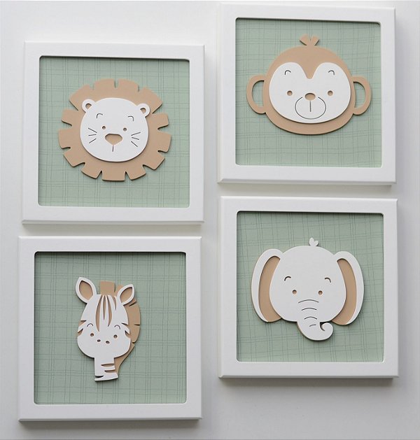 Kit 04 Quadros Bebê Maternidade Decoração Infantil Leão Tema Safari Quarto Infantil Bebê Meninos