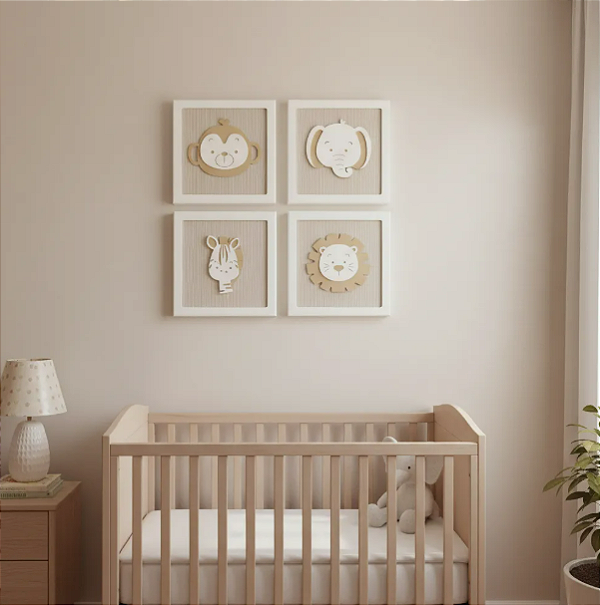 Kit 04 Quadros Enfeite Decoração Tema Safari Quarto Meninos Bebê Bichinhos Leão Zebra Elefante Macaco