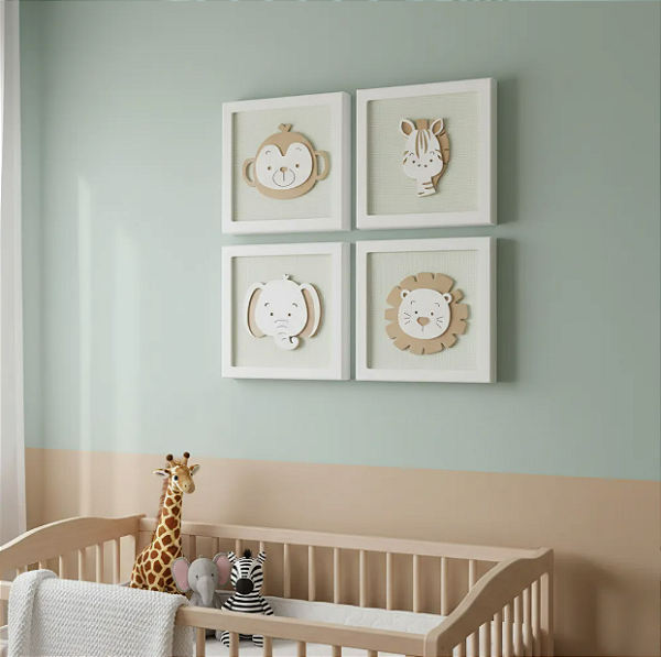 Kit 04 Quadros Maternidade Quarto Bebê Infantil Tema Safari Leão Macaco Zebra Elefante Moldura Parede Quarto Meninos