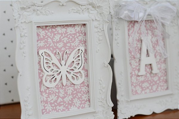 Kit 03 Quadros Meninas Infantil Bebê Tema Jardim Encantando + Inicial Decoração Quarto Quadros Resina