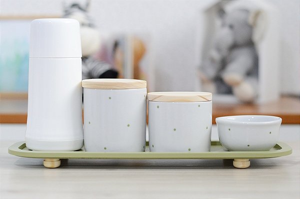 Kit Higiene Porcelana Poa Safari Verde Bebê Maternidade Quanto Infantil Meninos Potes Algodão Cotonete Térmica