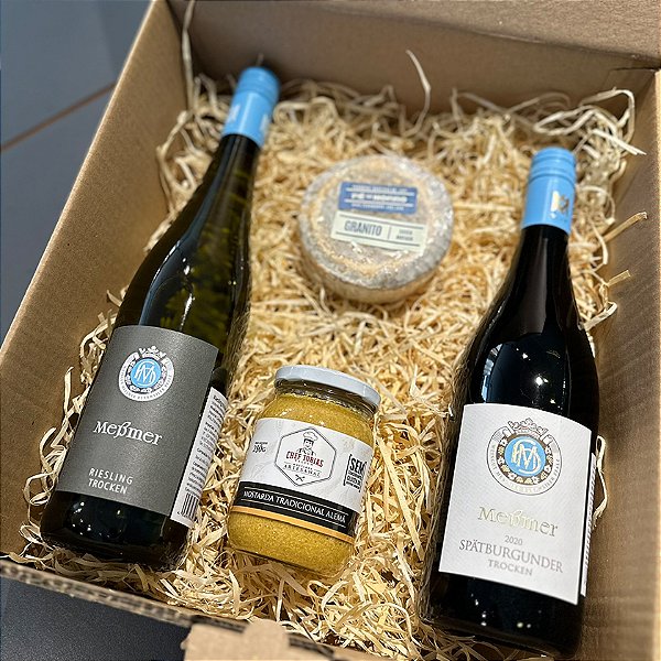 Caixa de Natal 2 vinhos, queijo e mostarda artesanal
