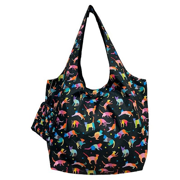 Bolsa Tote Gato Colorido Preta