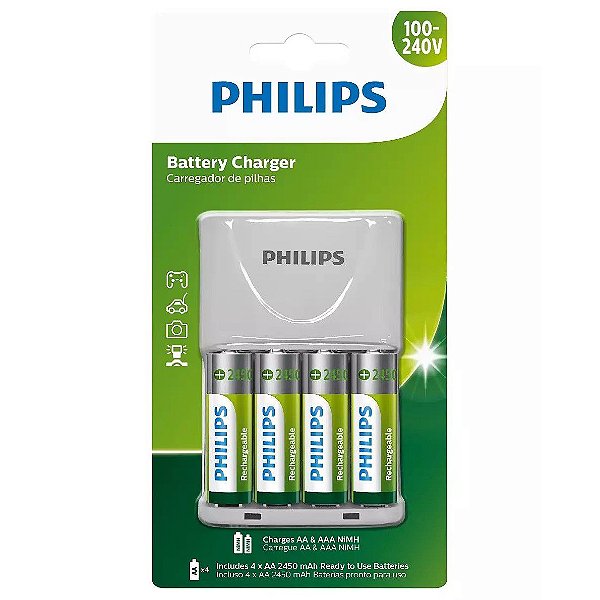 Carregador de Pilhas Philips com 4 pilhas AA - SCB2445NB/59