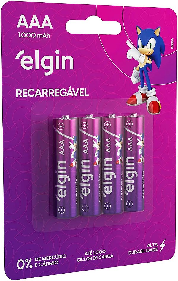 Pilha Recarregável Elgin AAA 1000mAh com 4 Unidades