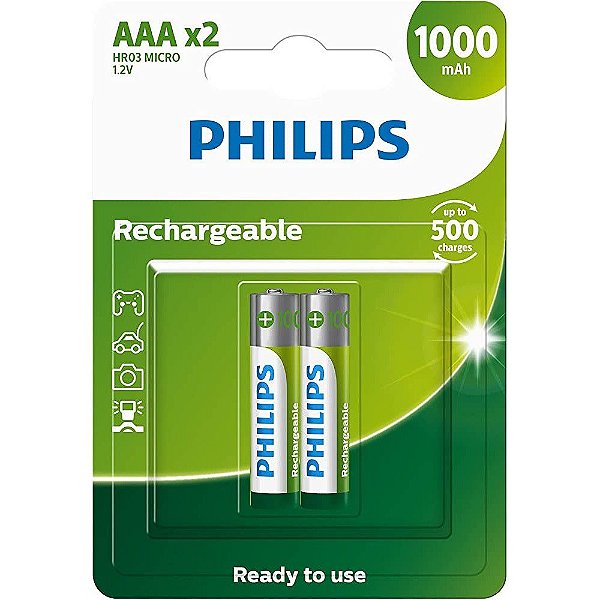 Pilha Recarregável Philips AAA 1000mAh com 2 unidades