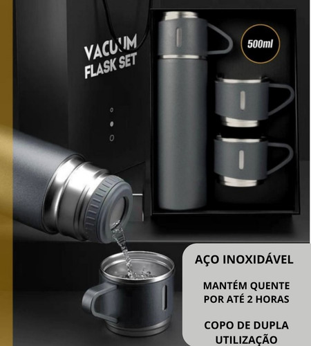 Kit Garrafa Térmica Inox 500ml Com 3 Xicaras Camping Viagem Café