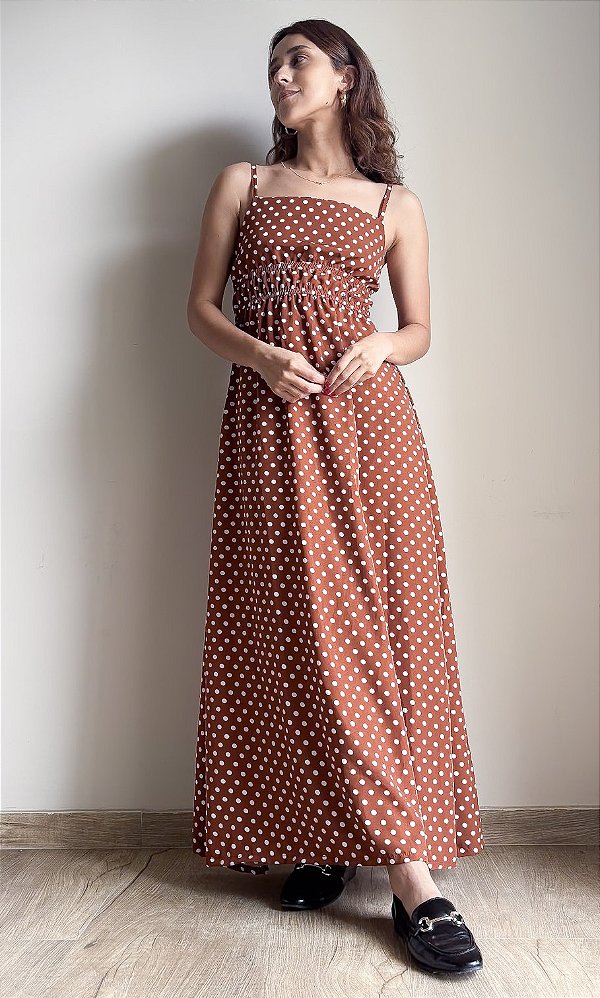 Vestido Longo Poá Marrom