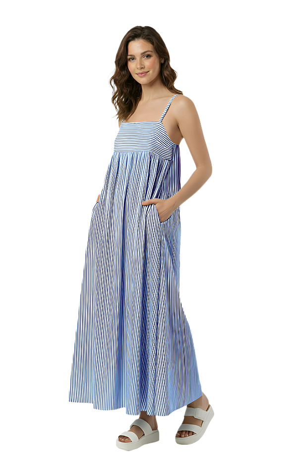 Vestido Longo Algodão Listrado Azul