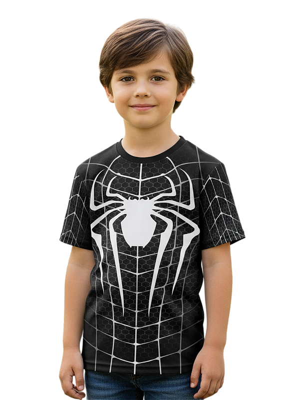 Camiseta Infantil Fantasia Homem Aranha Preta Dryfit Estampa Total Cosplay