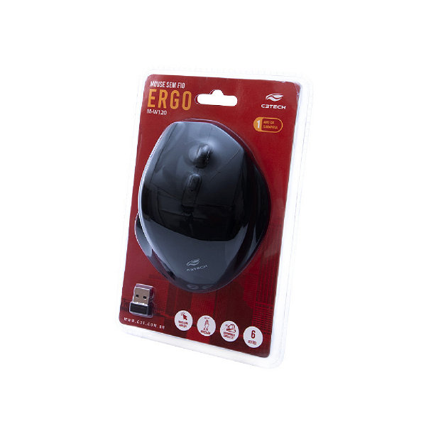 Mouse Ergo C3Tech Sem Fio Preto Mw120bk