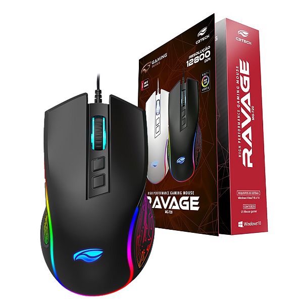 Mouse Gamer USB Ravage MG-720BK C3Tech com RGB e 12.800 DPI