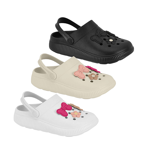 Sandalia Babuche Clog com MOLECA com Pins (Flor, Laço e Urso)