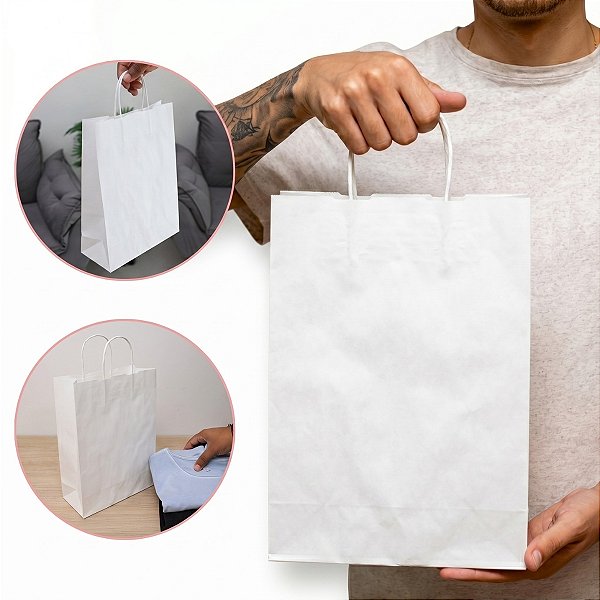 Sacola de Papel Kraft Branco - 33 x 23 x 10 cm - Tamanho M