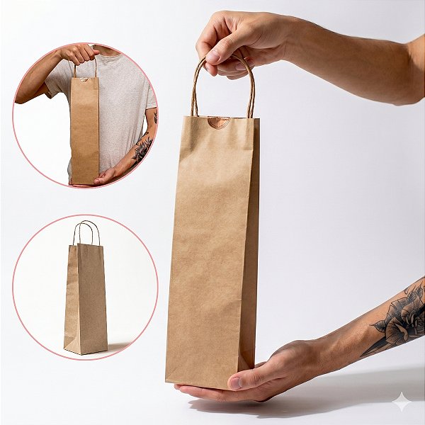 Sacola de Papel Kraft Para Garrafa Vinho Bebida 40 x 10 x 10 cm