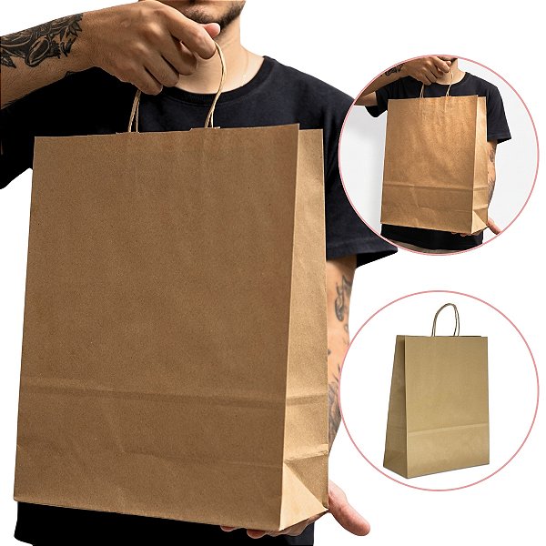 Sacola de Papel Kraft Pardo - 40 x 32 x 13 cm - Tamanho GG