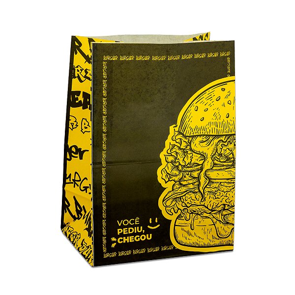 Saco de Papel Kraft Tamanho G 31 x 24 x 15,5 cm - Estampa Burger Black