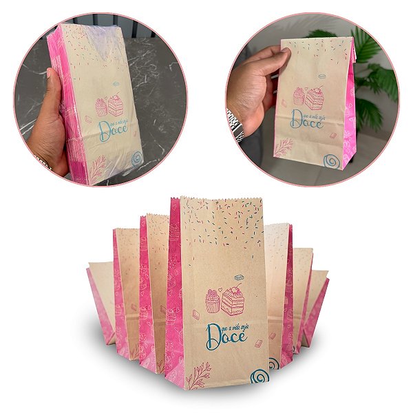 Saco de Papel Kraft Tamanho PP 22 x 12 x 6,5 cm - Estampa Doce
