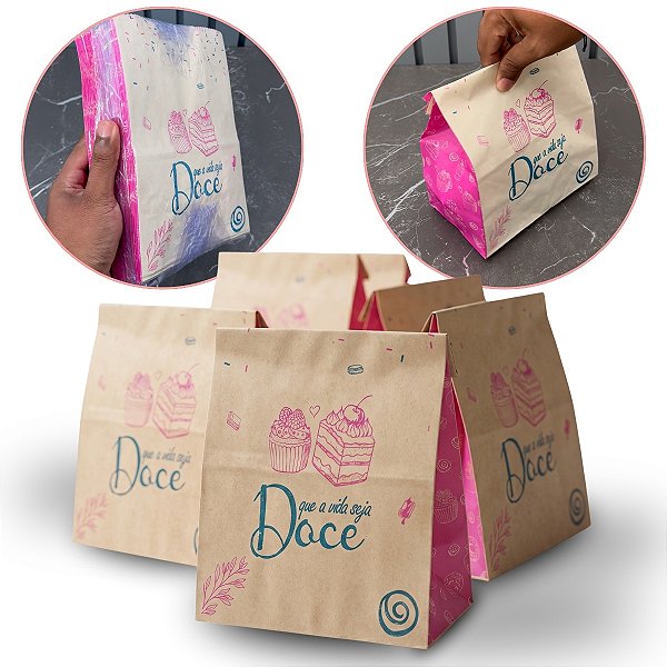 Saco de Papel Kraft Tamanho P 24 x 17 x 10 cm - Estampa Doce