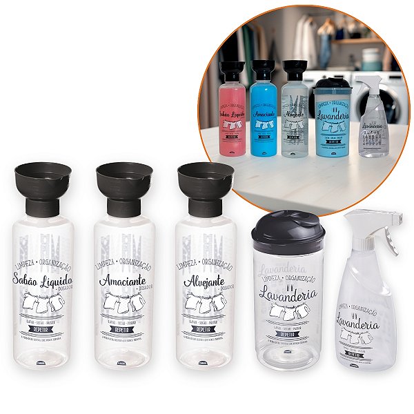 Kit Lavanderia Porta Alvejante Amaciante Sabão em Pó Líquido Pulverizador 5 Peças - Preto