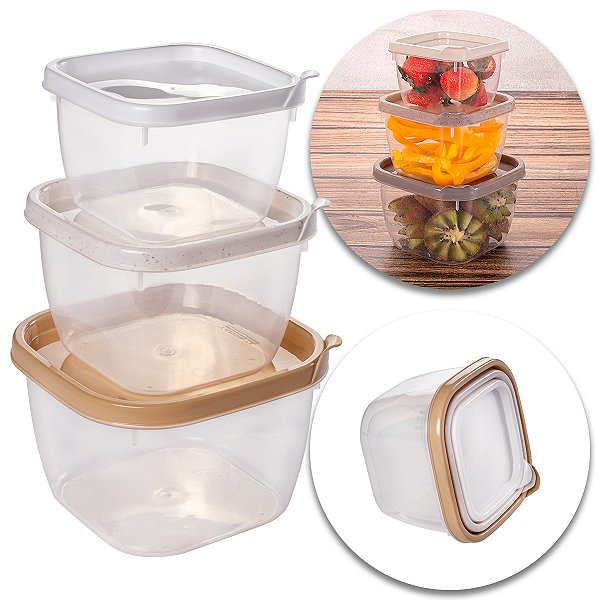Kit 3 Potes Plástico Quadrado Vasilha Mantimentos Alimentos