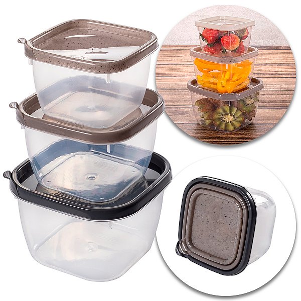 Kit 3 Potes Quadrados Mantimentos Alimentos Vasilha Plástica