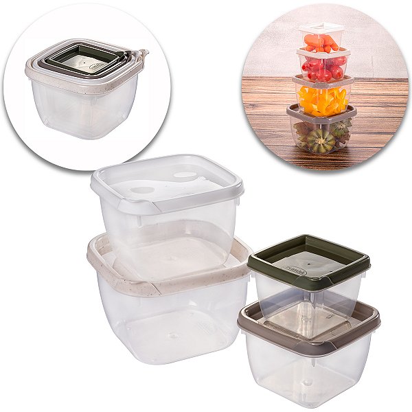 Kit 4 Potes Plástico Quadrado Mantimentos Alimentos Vasilha