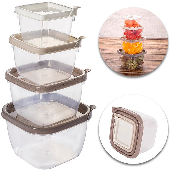 Kit 4 Potes Quadrado Mantimentos Alimentos Vasilha Plástica