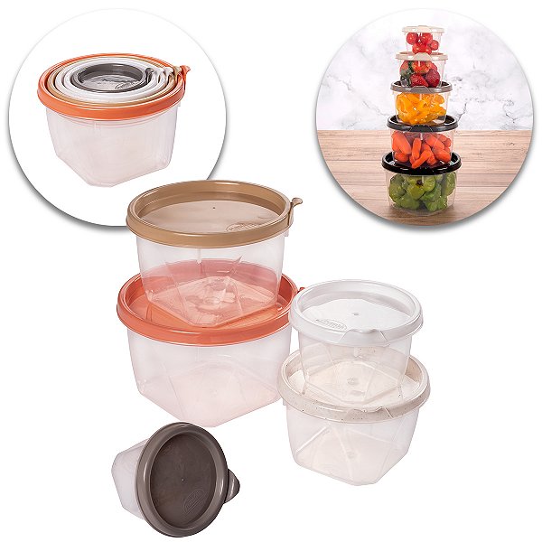 Kit 5 Potes Plástico Redondos Vasilha Mantimentos Alimentos