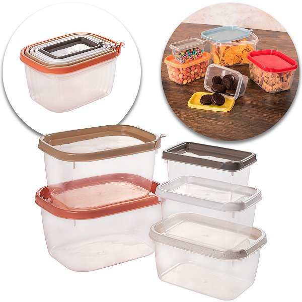 Kit 5 Potes Plástico Retangular Vasilha Mantimento Alimentos