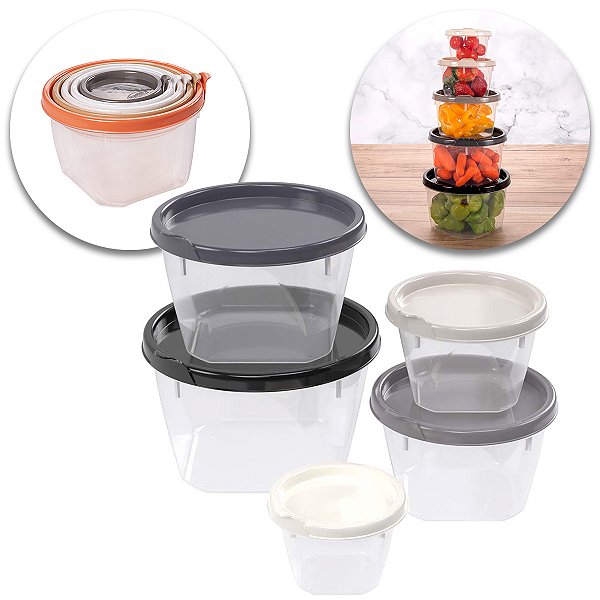 Kit 5 Potes Redondos Mantimentos Alimentos Vasilha Plástica