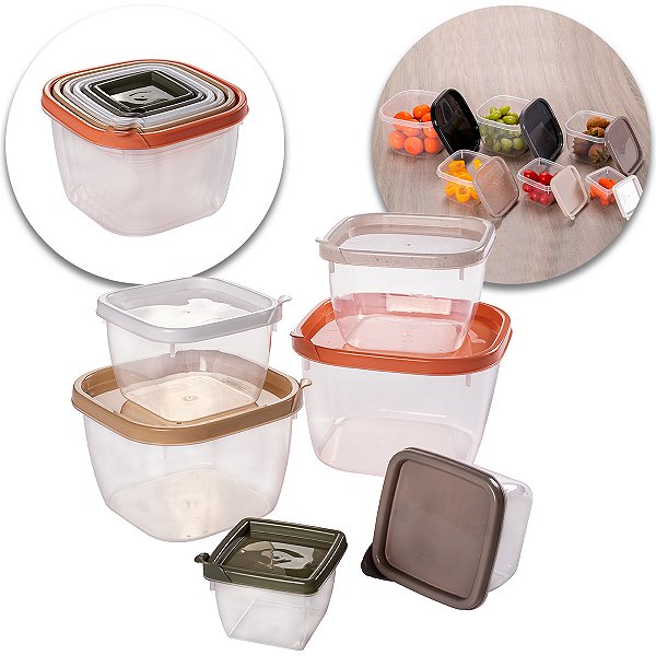 Kit 6 Potes Plástico Quadrado Vasilha Mantimentos Alimentos