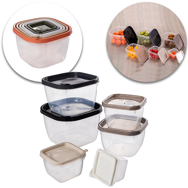 Kit 6 Potes Quadrados Mantimentos Alimentos Vasilha Plástica