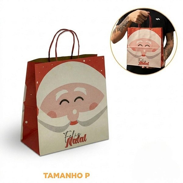 Sacolas De Papel Kraft Tamanho P Papai Noel 26x25x12 Cm