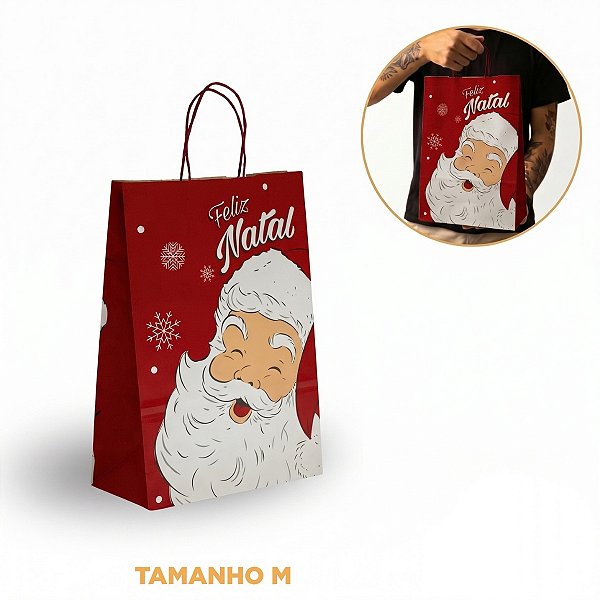 Sacolas De Papel Kraft Tamanho M Papai Noel 32x23x10 Cm