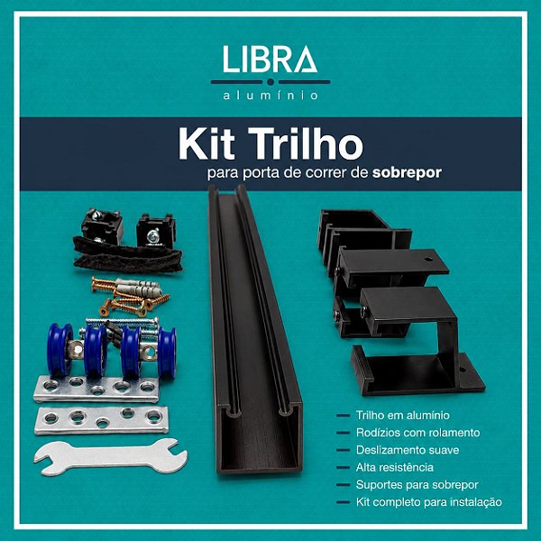 KIT TRILHO P/ PORTA DE CORRER 1,60 MTS PRETO DE SOBREPOR