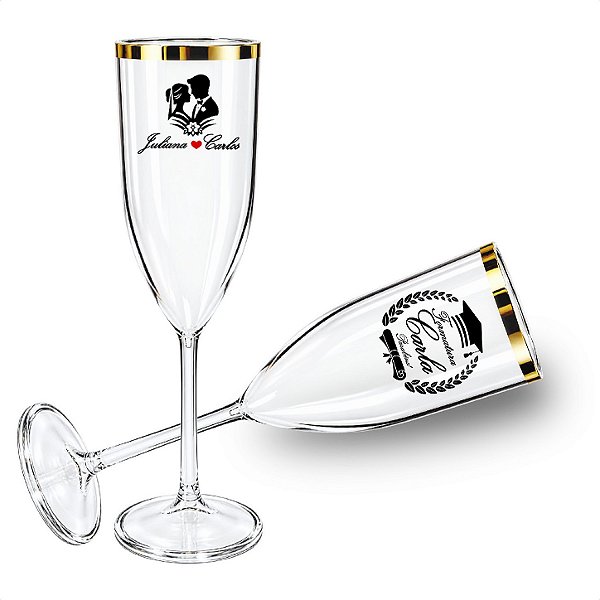 Taça Champagne 170ml Acrílico Personalizado - Borda Dourada Kit 10pçs