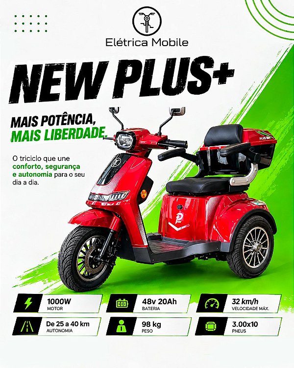 Triciclo Eletrico. New Plus + 1000w 48v/20ah chumbo