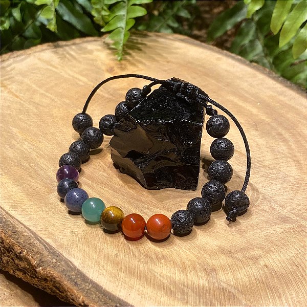 Pulseira 7 Chakras com Lava Vulcânica - Esferas em Cristais 8mm