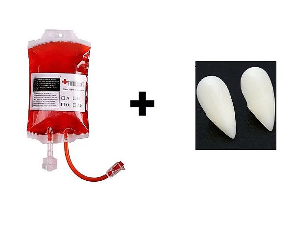Kit Dente de Vampiro Resina e Bolsa de Sangue para Bebidas