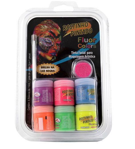 Kit c/ 6 cores fluorescentes de 15 ml +1 Gliter 2g +1 pincel