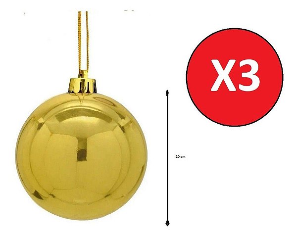 Kit 3 Bolas De Natal Lisa Dourada Brilhosa 20cm