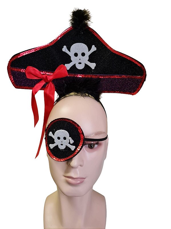 Fantasia Kit Pirata feminina com arco e tapa olho C/glitter