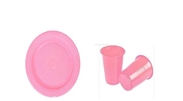 Prato e copo rosa de plástico descartável- 100un