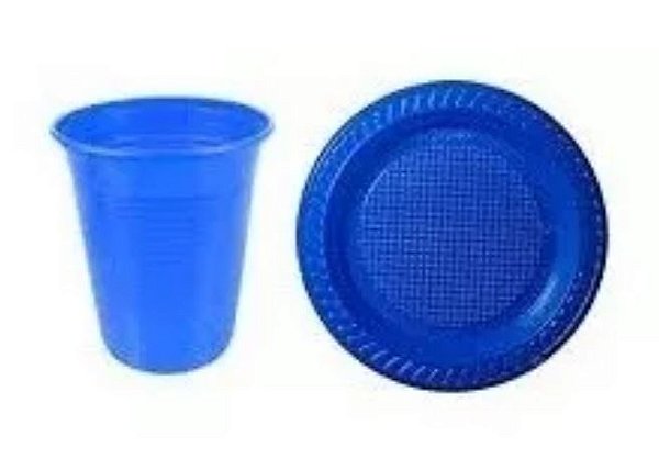 Kit Prato e copo azul de plástico descartável- 100un