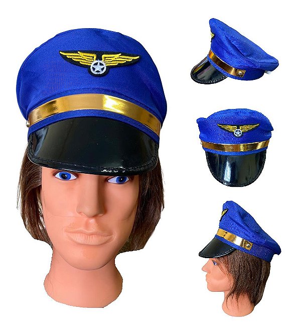 Kit 2 Chapéus Quepe De Aviador Piloto Azul Cosplay Carnaval